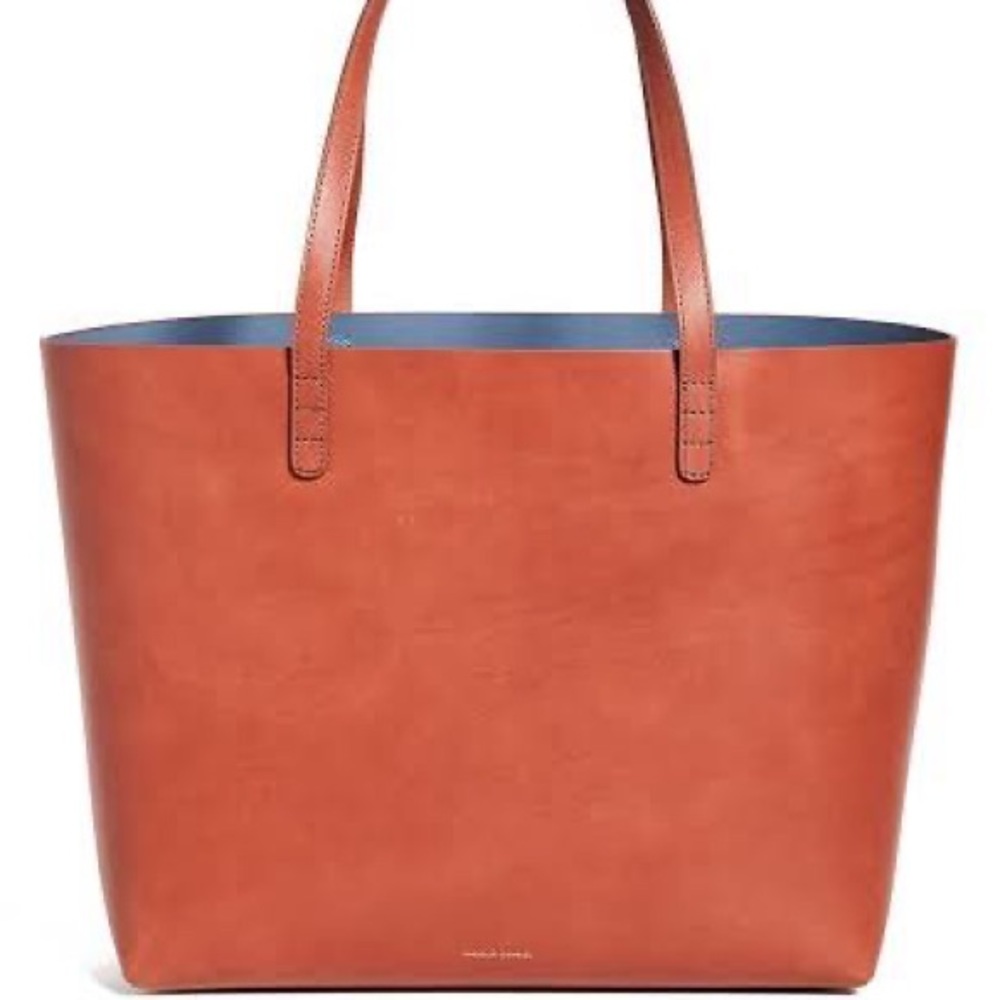 Mansur Gavriel Large Brown Tote Bag in Smooth Cowhide/BLUE int (Brandy/Avion)